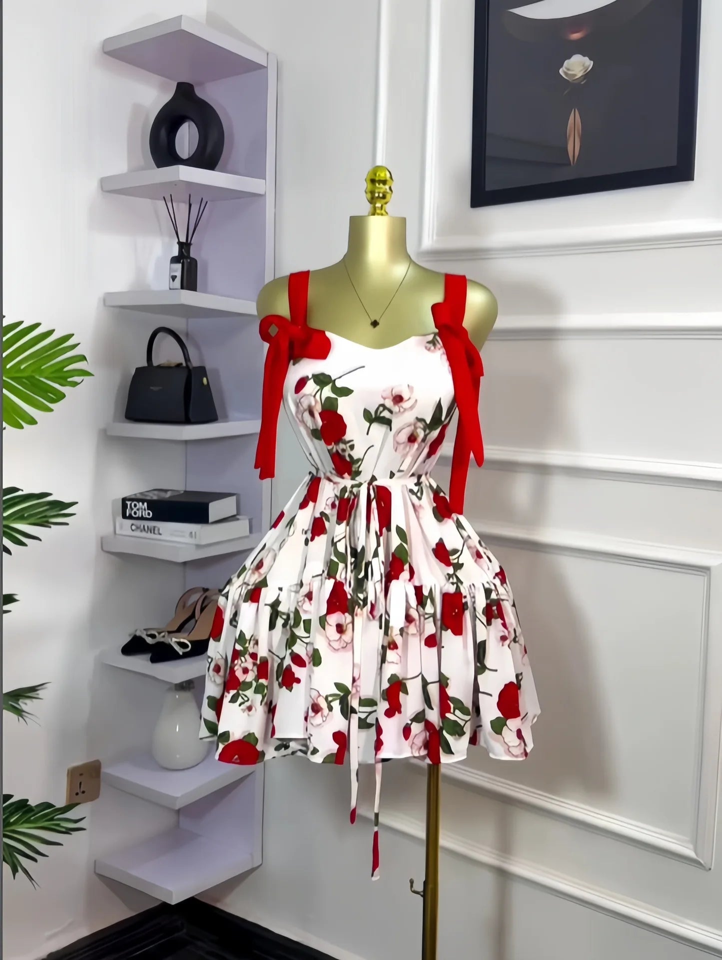 CM.YAYA Women Floral Printed Flare Sleeveless Bow Strap Belt Mini Dress 2025 Evening Sexy Beach Party Birthday Street Dresses