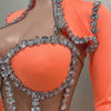 Sexy See-Through Strapless Rhinestone Tops Zipper Jacket High-waisted Shorts 3-Pieces Sets Party Nightclub Perfprmance Costume