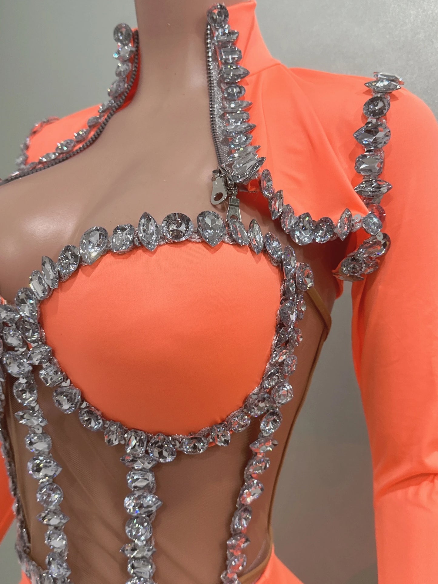 Sexy See-Through Strapless Rhinestone Tops Zipper Jacket High-waisted Shorts 3-Pieces Sets Party Nightclub Perfprmance Costume