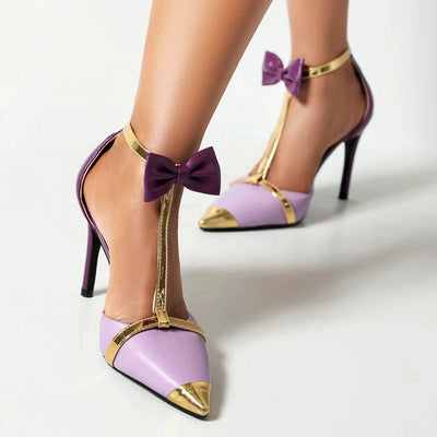New Design Luxury Glod Purple Stilettos Pointed Toe T-strap High Heels Women Sandals Summer Party Dress Prom Shoes Pumps 2024