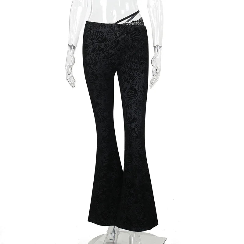 FAGADOER Sexy Lace See Through 2 Piece Sets Woman Outfit Hollow Out Crop Top + Flare Pants Female Y2K Streetwear Summer Spring