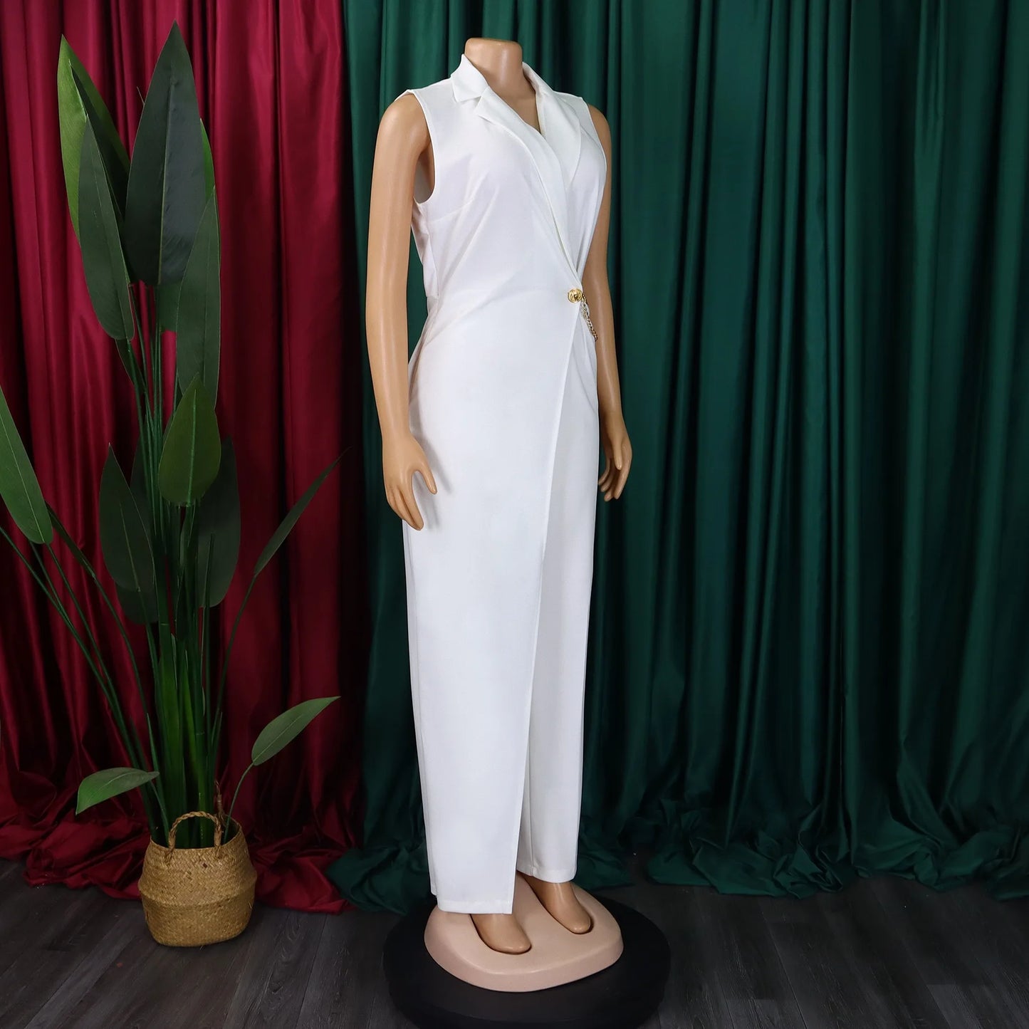 Elegant Jumpsuits & Rompers for Woman 2024 New Turn Down Collar Sleeveless High Waisted V Neck Straight Female Birthday Overalls