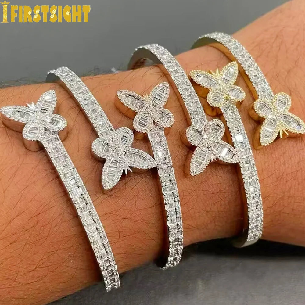 New Iced Out Bling Opened Butterfly Charm Bracelet Silver Color Zircon Insects Bangle For Men Women Hip Hop Luxury Jewelry
