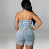 Rompers Women One Piece Elegant Splice Denim Jumpsuits Sexy Slim Fit Strapless Sleeveless Short Pants Sheath Playsuits