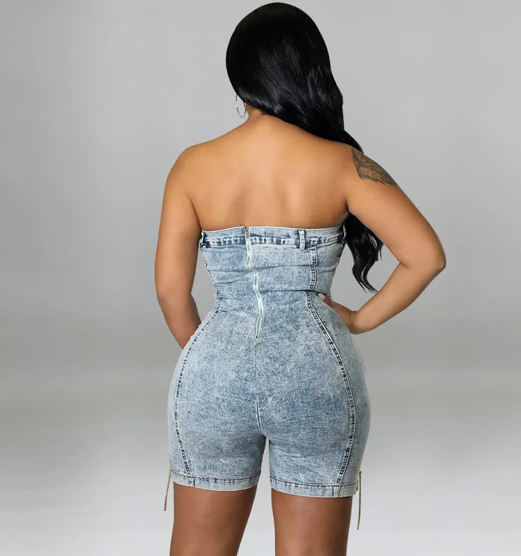 Rompers Women One Piece Elegant Splice Denim Jumpsuits Sexy Slim Fit Strapless Sleeveless Short Pants Sheath Playsuits