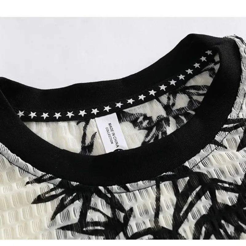 Simplicity Trendy Summer Men's O-Neck Printing Hollow Out Gauze Fashion Casual All-match Loose Short Sleeve T-Shirts Tops