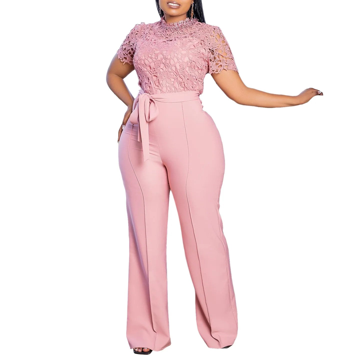 Elegant Jumpsuits & Rompers for Women O Neck Lace Patchwork Short Sleeve Sashes High Waisted Luxury Birthday Party Dinner Outfit