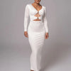 Mozision hollow out long sleeve sexy maxi dress for women fashion solid V neck back split bodycon club long dress elegant