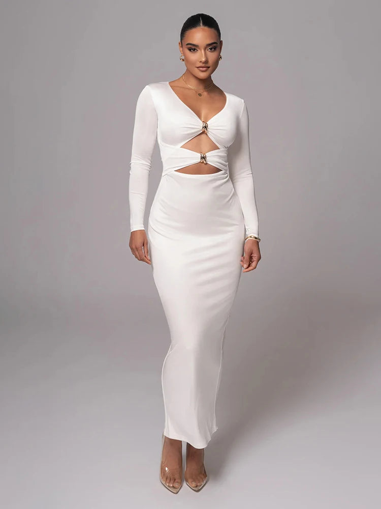 Mozision hollow out long sleeve sexy maxi dress for women fashion solid V neck back split bodycon club long dress elegant