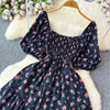 2024 New Summer Flower Print Long Dress Women Vintage Square Neck Ruched Chest Sash Bandage Sundress Party Vestidos