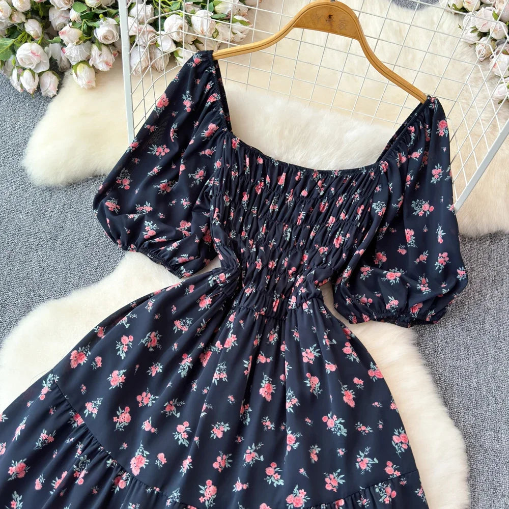 2024 New Summer Flower Print Long Dress Women Vintage Square Neck Ruched Chest Sash Bandage Sundress Party Vestidos