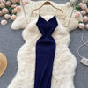 Summer V Neck Knit Sexy Strap Dress Women Elatic Waist Bodycon Sundress Female Beach Backless Maxi Long Dress