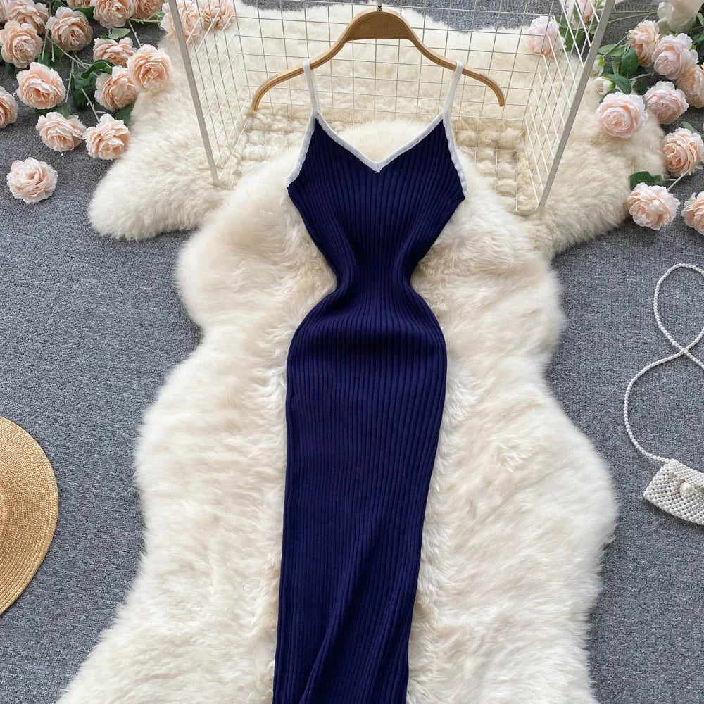 Summer V Neck Knit Sexy Strap Dress Women Elatic Waist Bodycon Sundress Female Beach Backless Maxi Long Dress