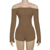 2025 Spring Women's Clothes Above Knee Sexy Knit Rib Romper One Piece Off Shoulder Long Sleeve Skinny Short Jumpsuits Playsuits