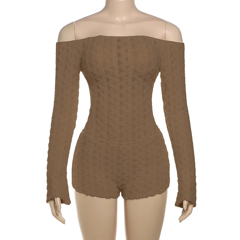 2025 Spring Women's Clothes Above Knee Sexy Knit Rib Romper One Piece Off Shoulder Long Sleeve Skinny Short Jumpsuits Playsuits
