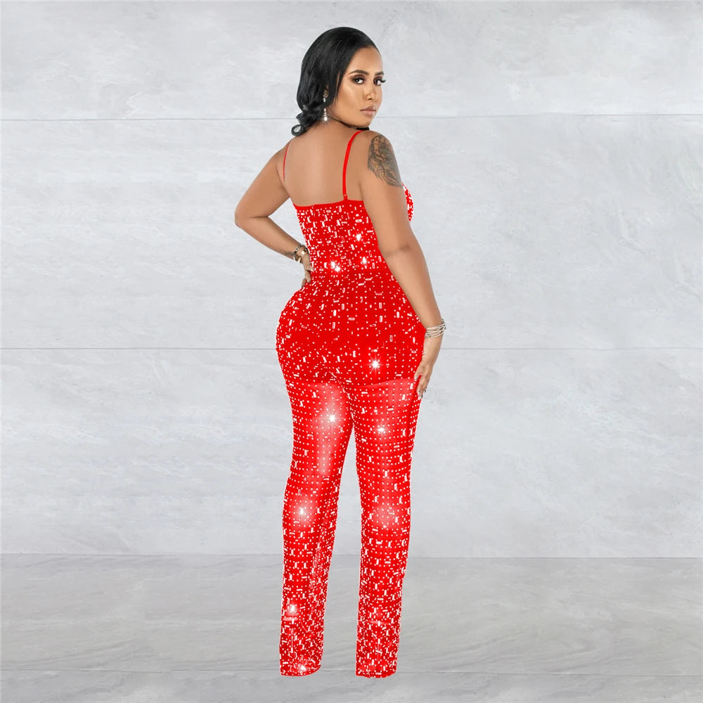 HBLL Women Club Outfits Spaghetti Strap Bodycon Jumpsuits Sparkly Rhinestone Romper Birthday Night Out One Piece Clubwear