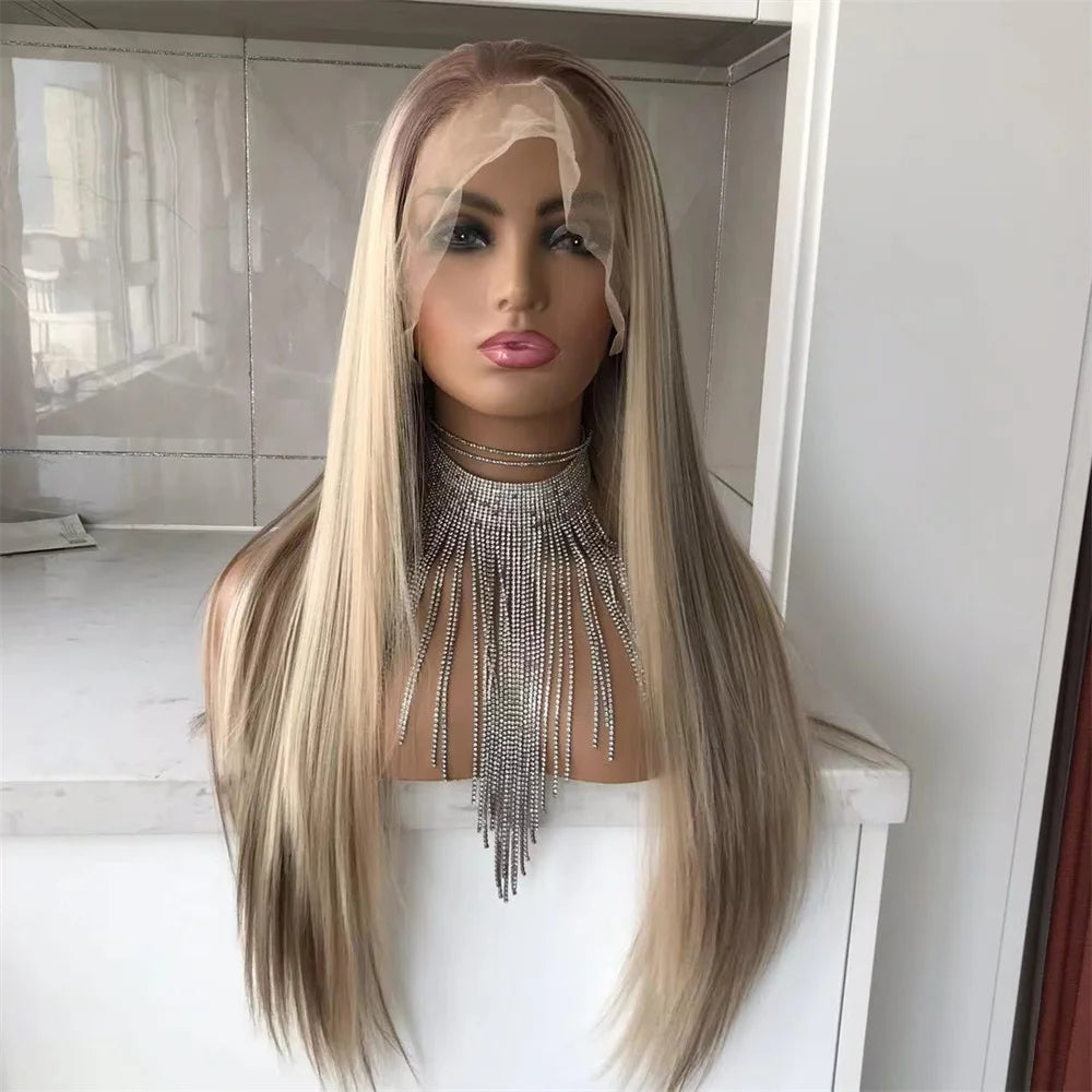 13x6 Lace Front Wig Highlight Brown Straight Synthetic Hair Lace Wigs for Women Free Part Glueless Wig with Pre plucked Hairline