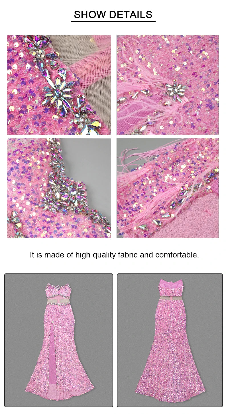 VC Pink Sparkly Sequins Long Dress Beaded Crystal Feather Embellished High Slit Straight Floor-length Prom Evening Gown Vestidos
