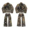 Vintage Leaves Camouflage Jeans Jacket Two Piece Set Y2K Suit Men Letters Rhinestone Sequins Oversized Coat Baggy Jeans Clothing