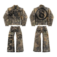 Vintage Leaves Camouflage Jeans Jacket Two Piece Set Y2K Suit Men Letters Rhinestone Sequins Oversized Coat Baggy Jeans Clothing