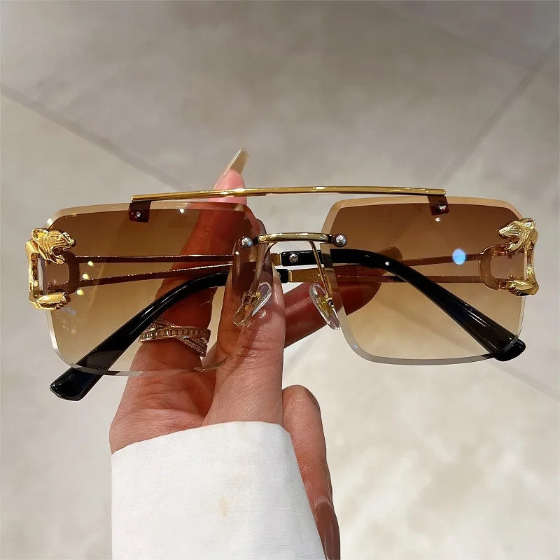 KAMMPT Vintage Rimless Sunglasses Men Women Fashion Oversized Square Shades Eyewear New Double Bridge Gradient UV400 Sun Glasses