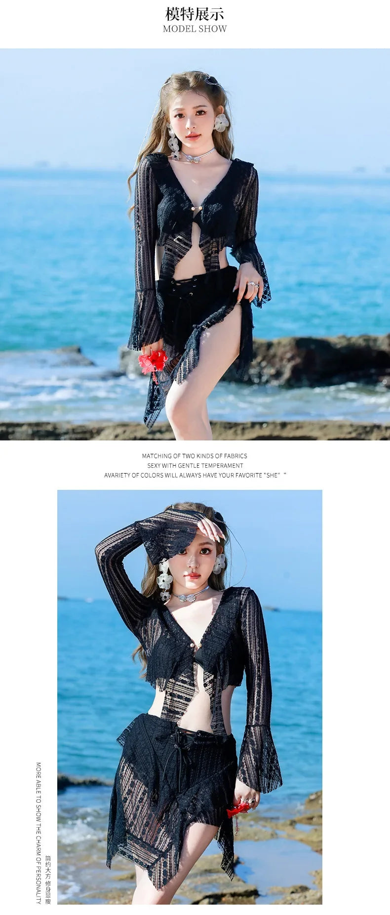 Bikini Sets Women Long Sleeve Irregular Three Pieces Lace-up Summer Sun-proof Vintage European Style Sexy Swimwear Beach Outfit
