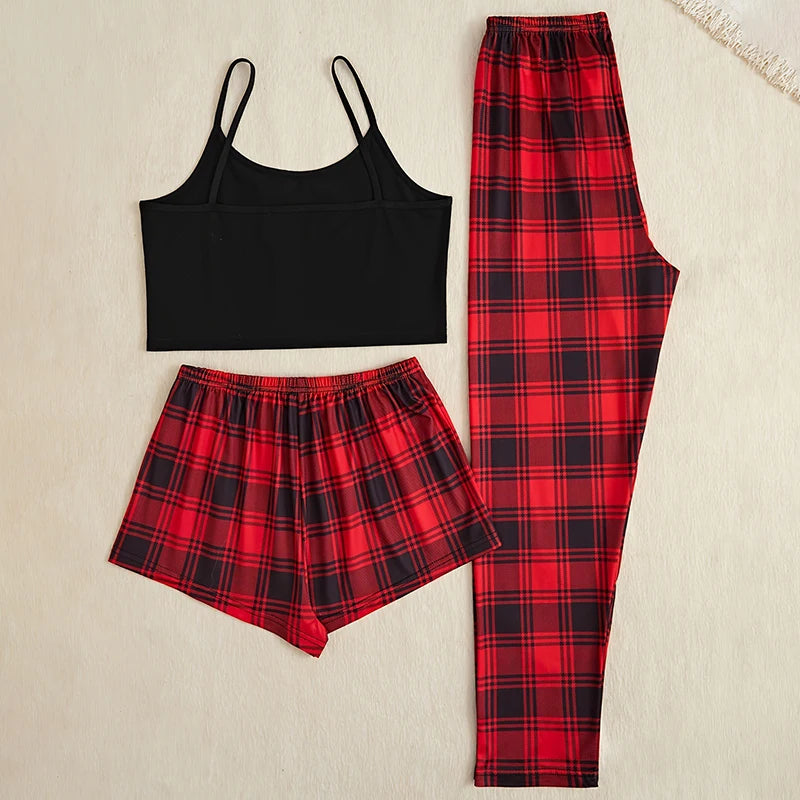3Pcs Women's Pajama Set Camisole Shorts Trousers Three-Piece Bow Tie Home Wear Set Plaid Print Sleepwear for Women Christmas pjs