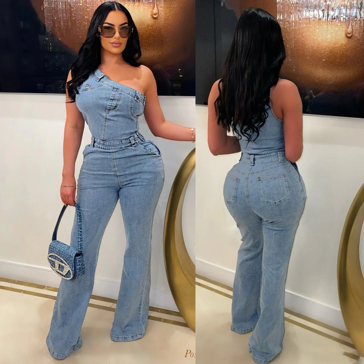 Flare Denim Pants Full Length Women Jeans One Piece Overalls Spliced Solid Jumpsuits Loose Pockets High Waist Basics Washed