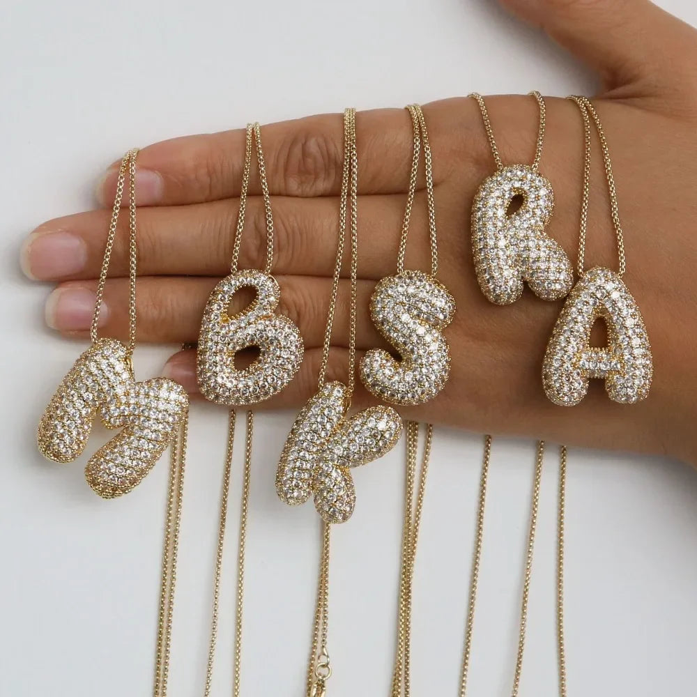 18K Gold Plated Waterproof Thick Bubble Alphabet Letter Clavicle Choker Necklace Sparkling Rhinestone Balloon Initial Jewelry