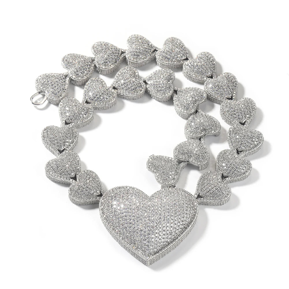 THE BLING KING Iced Out Big Heart Chain Collar Y2K 17mm Choker For Women Girl Micro Paved 5A Cubic Zircon Lovely Wedding Jewelry