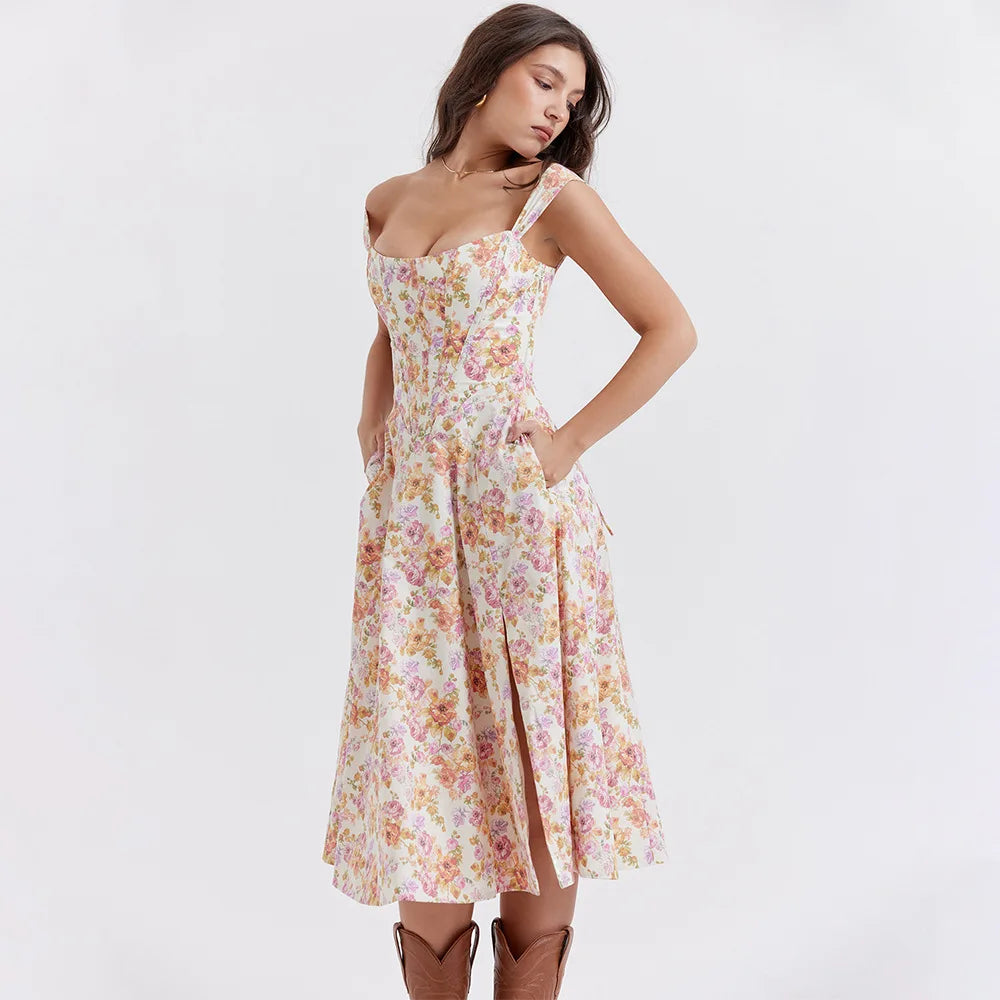 Suninheart Summer Pink Floral Print Corset Dress Midi Elegant Sexy Party Dresses Holiday Birthday Casual A Line Women Clothing