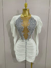 Luxury Sparkly Crystals Sexy Mesh White Velvet Short Dress 2025 Women Elegant Evening Prom Birthday Party Dresses Stage Costume