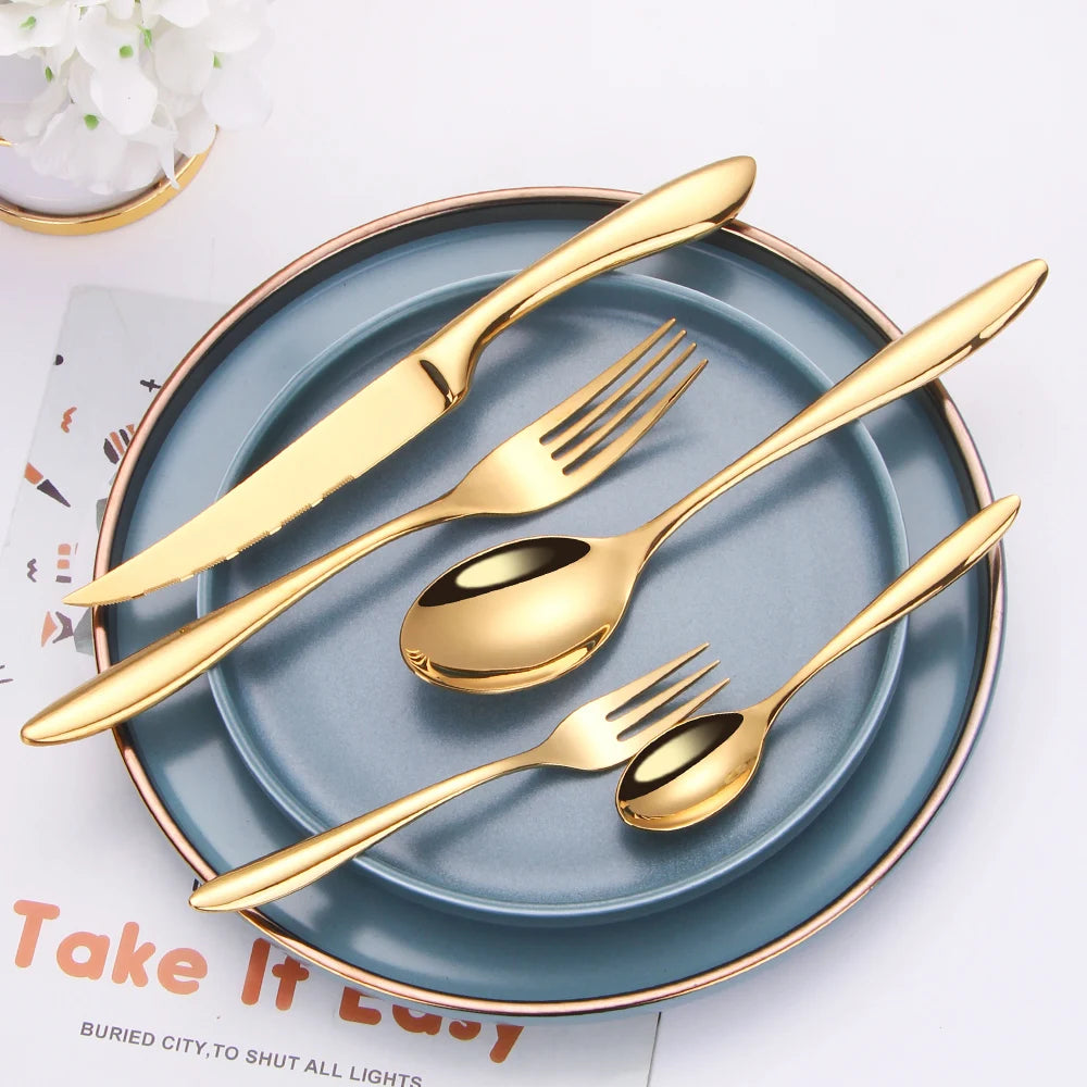 6/16/20/24Pcs Gold Tableware Stainless Steel 304 Cutlery Set Western Dinner Set Mirror Knife Fork Spoon Smooth Handle Flatware