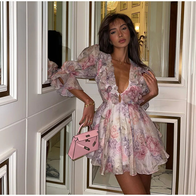Women Tie-dye 3d Flower Deep V Neck Flare Sleeve Mini Dresses Fashion Slim Printed Multiple Pleat Vestidos New Lady Holiday Wear