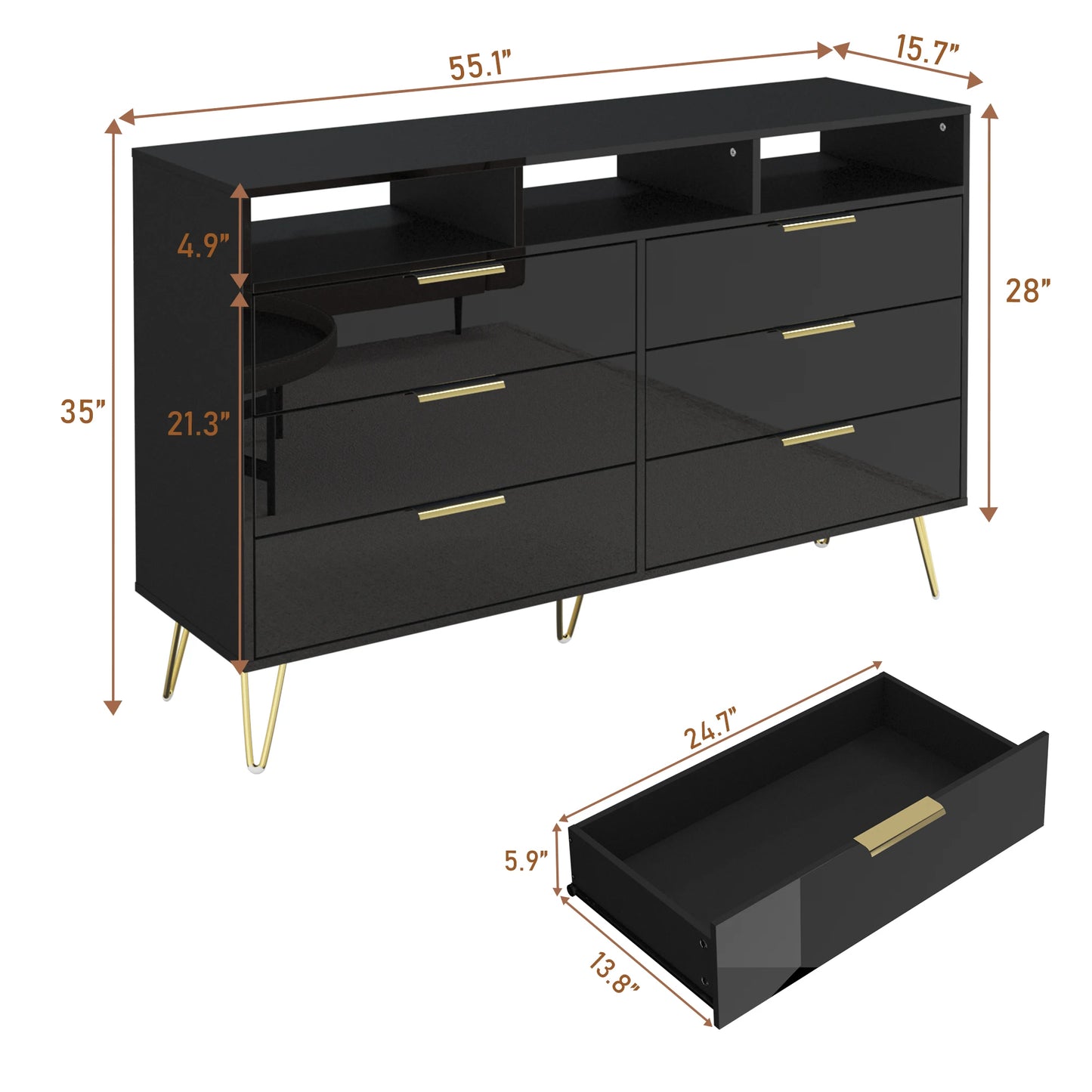6 Drawers Dresser for Bedroom with LED Lights, High Gloss Chest of Drawers with Metal Legs, Modern Wood Closet Storage Organizer