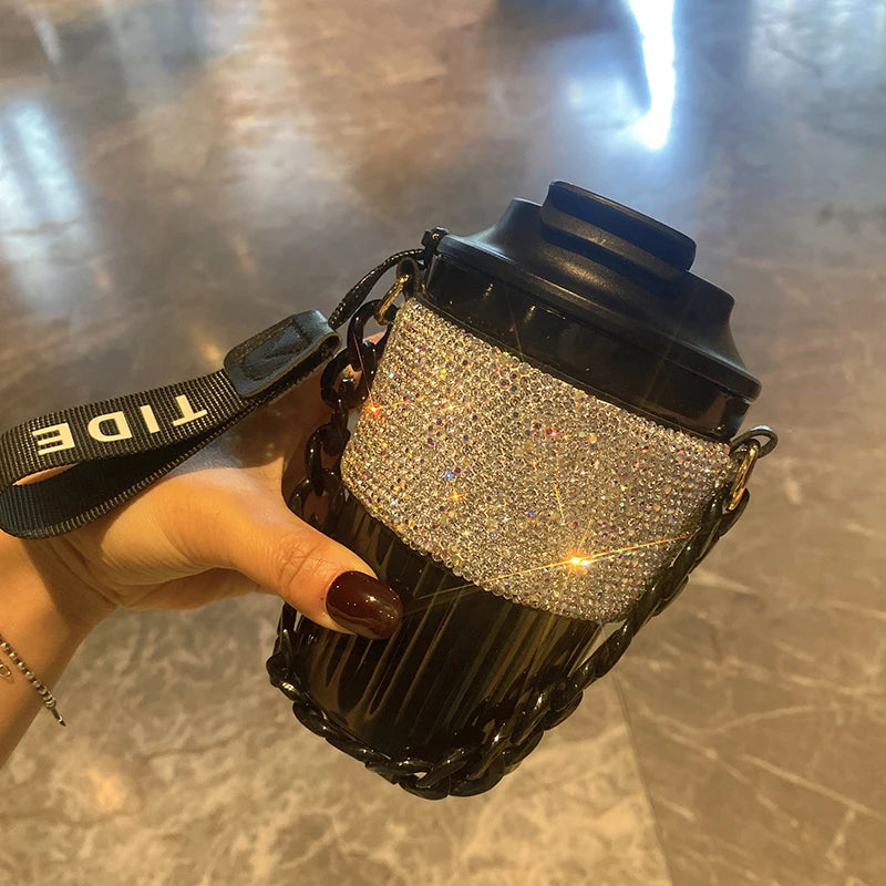 Chain Carry Straight Drink Coffee Cup Rhinestone PC/PP Portable Eco Friendly Non-slip Reusable Mug Outdoor Travel Water Bottle