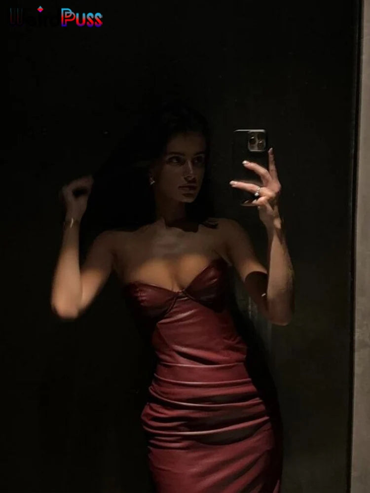 Weird Puss Faux Leather Dress Women Chest Wrap Cleavage Skinny Sleeveless Sexy Backless Midnight Party Clubwear Mini Bodycon