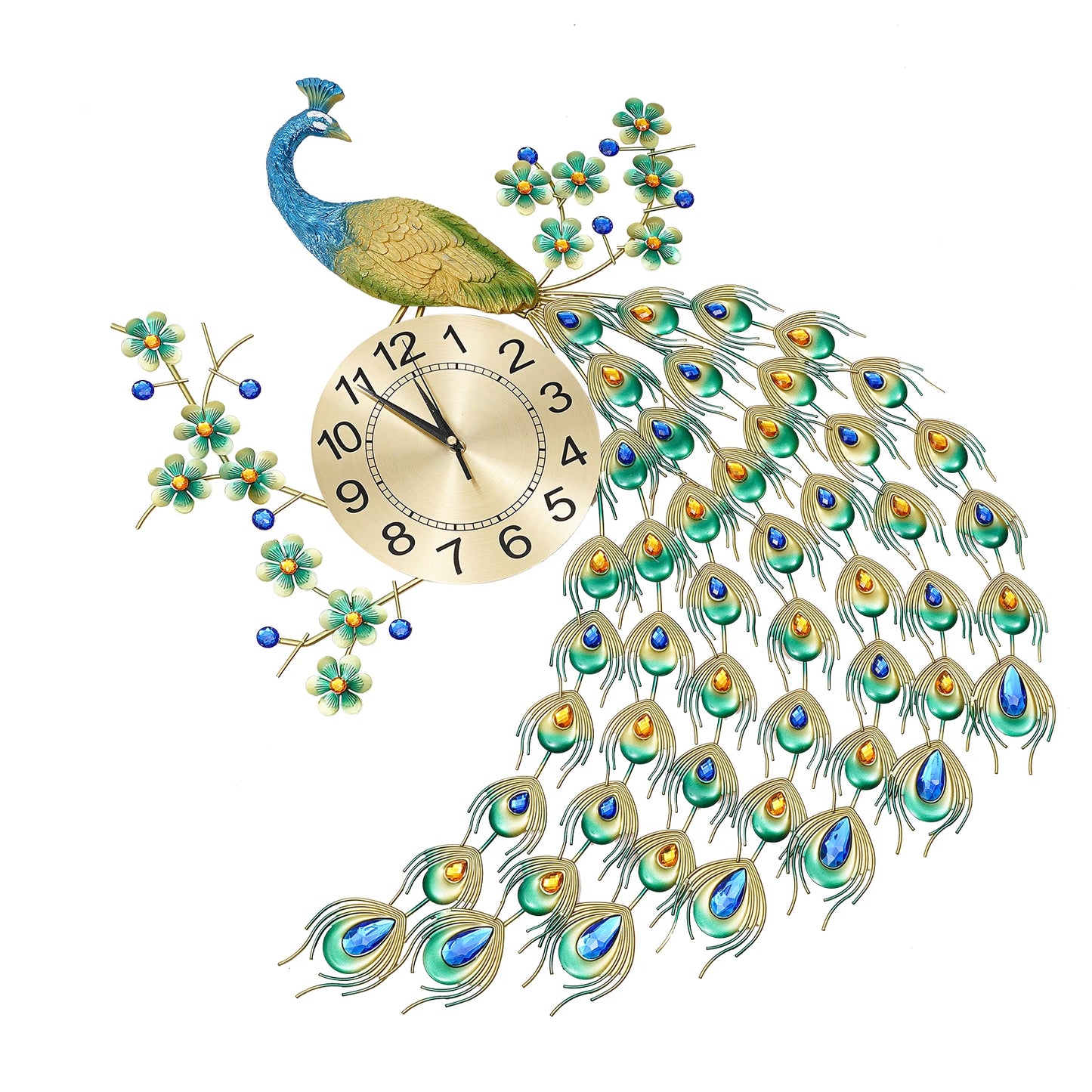 Luxury Peacock Wall Clock Metal 3D Art Decoration Wall Clock 8.26Inch Silent Quartz Scanning Movement Dining Room Decor
