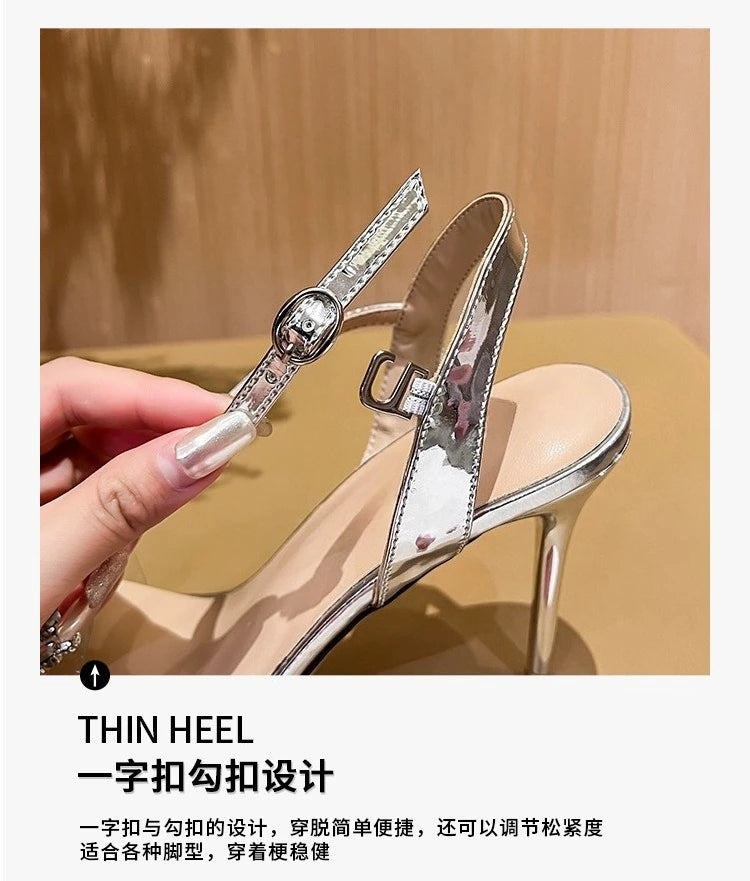 Summer One-word Rhinestone Square Head Sandals Women's Stiletto Open-toed Crystal Gemstone High Heels