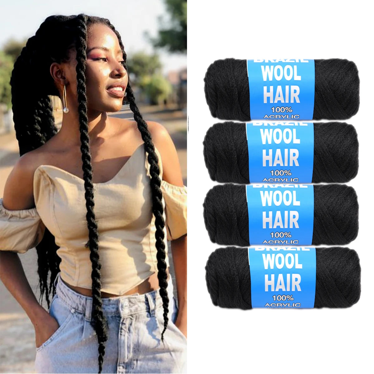 4 Pack Brazilian Wool Hair Synthetic Crochet Hair Extensions for Women African Hair Yarn for Braiding Senegalese Twist Fake Hair