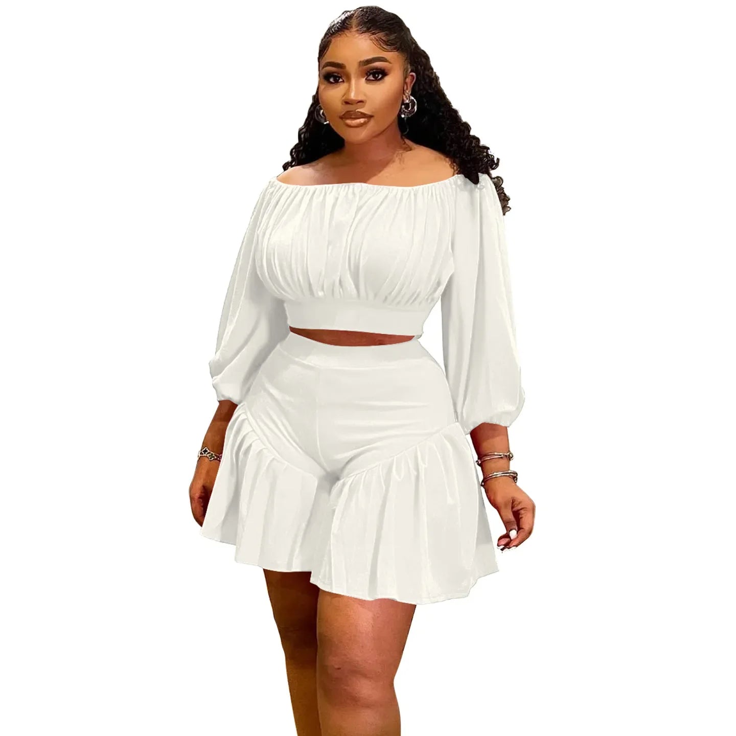 Customized Plus Size Women's Set Long Sleeve Slash Neck T-Shirt and Shorts 2025 Summer Ruched Two 2 Piece Set Outfits Tracksuit