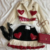 Y2K Womens Street Clothing Heart shaped Leather Clothing Two Punk Jacket Cut Denim Patchwork Retro Pleated Mini Skirt Jacket Set