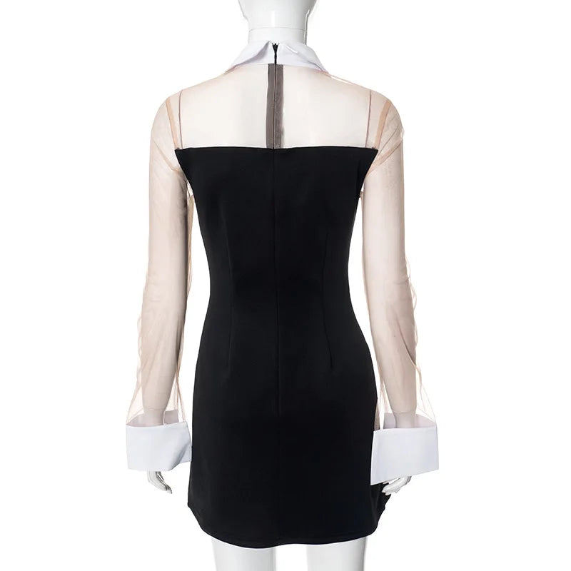 Nsauye Pullover Women Sexy Mesh See Through Turn Down Collar Night Club Dress Evening Party Summer Short Elegant Fashion Dress