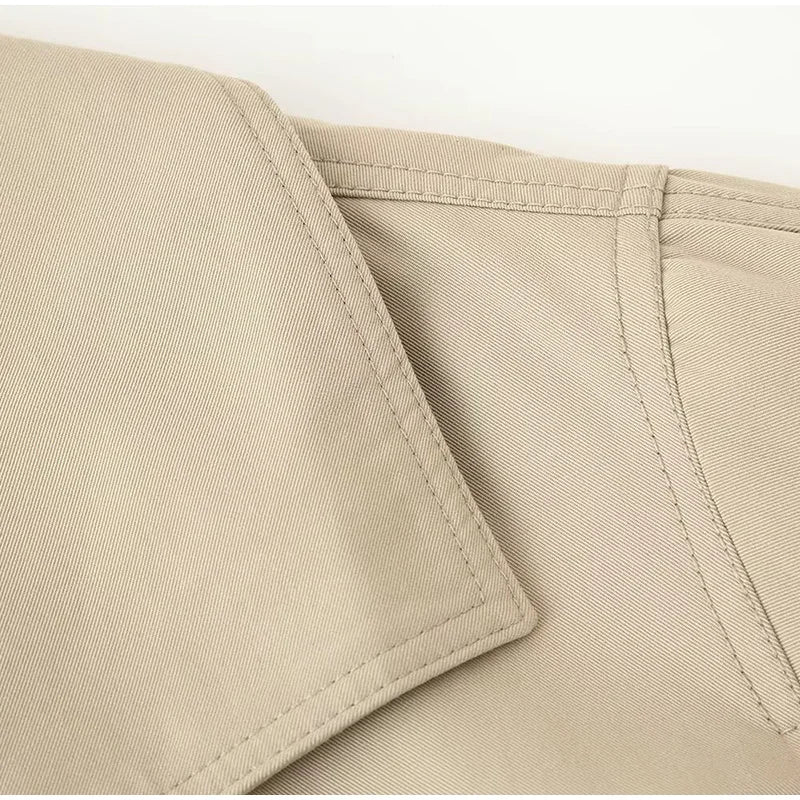 Fashion Belt Short Trench Coat Women Stand Collar Double Breasted Pocket Long Sleeve Coats 2025 Autumn Lady Commute Chic Outwear