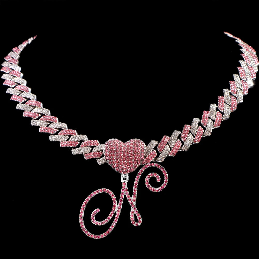 Hip Hop Bling Pink Crystal Cursive Initial Letter Cuban Necklace for Women Iced Out Paved Cuban Chain Necklace Choker Jewelry