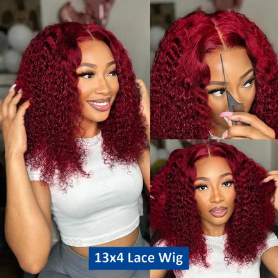 Brazilian Deep Wave 99J Burgundy Lace Front Human Hair Wig 13x4 Deep Curly Short Bob Wigs Human Hair Red Colored Water Wave Wigs