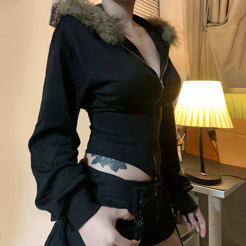 BIIKPIIK Fur Collar Hooded Women Coats Casual Zipper Slim Hoodies Simple All-match Black Harajuku Coat Autumn Winter Sweatshirts