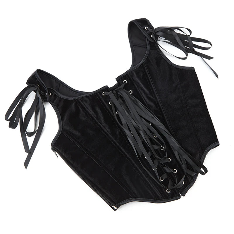 Black Velvet Sexy Overbust Corset Crop Tops Women Front Lace Up Side Zipper Shoulder Strap Bustier Vest Slimming Shaper Camis