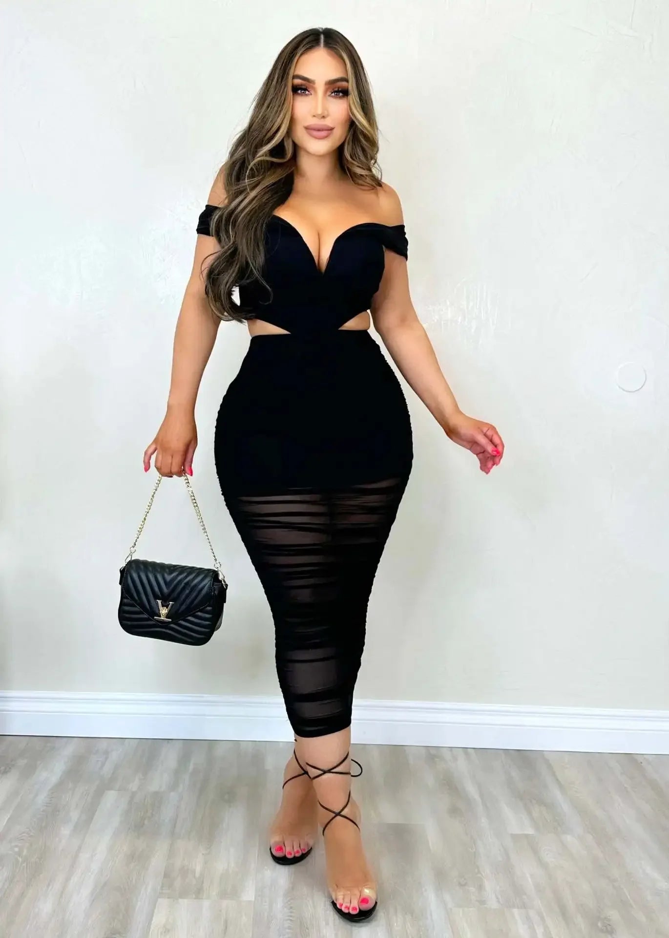 S10632 Sexy Slimming Mesh Splice Bum Covering Visibility Elastic Off-Shoulder 2-Piece Set European And American Style
