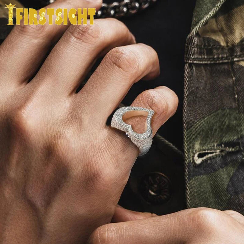 New Full Iced Out Bling Hollow Heart Ring Gold Silver Color 5A CZ Micro Pave Cubic Zircon Rings Hip Hop Punk Men Women Jewelry